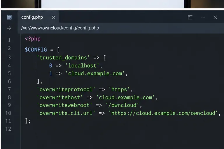 範例 config.php 編輯器，展示了 trusted_domains、HTTPS 覆蓋協定、公共主機和 /owncloud 網站根目錄設定。
