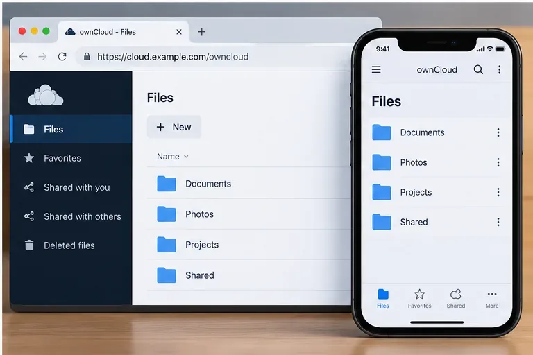 連接成功後，桌面和行動裝置上會顯示範例 ownCloud 檔案列表