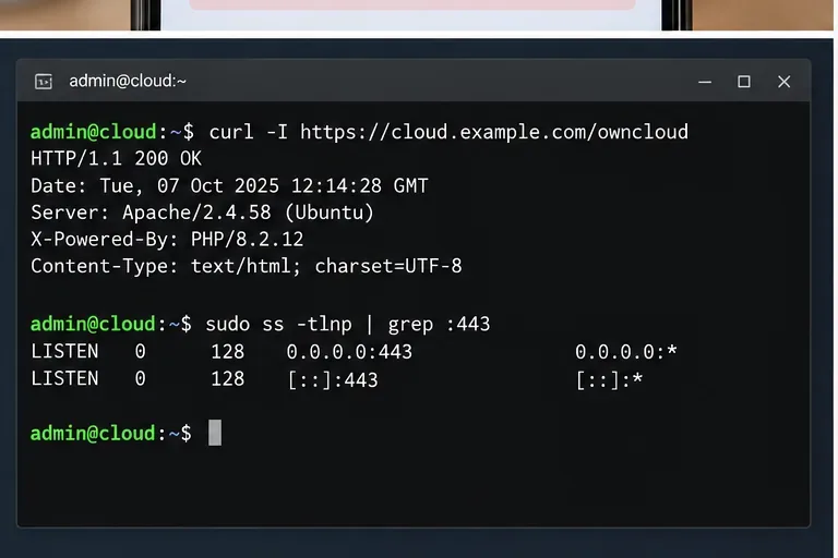 終端示意圖顯示 curl 正在存取 ownCloud URL 和一個監聽 TCP 連接埠 443 的套接字。