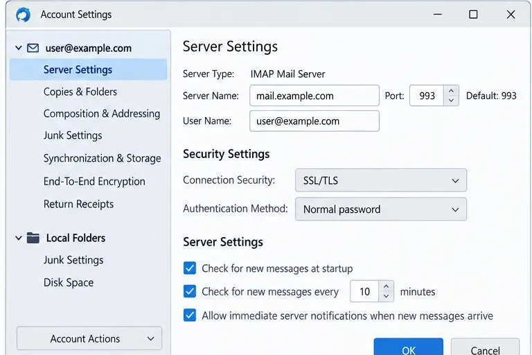 Thunderbirdのアカウント設定画面で、ポート993のIMAPサーバーがSSL/TLSで選択されていることを示す。