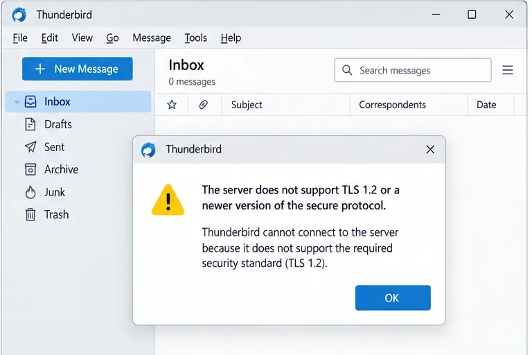 Thunderbirdの受信トレイに、メールサーバーがTLS 1.2以降をサポートしていないというセキュリティ警告が表示される。