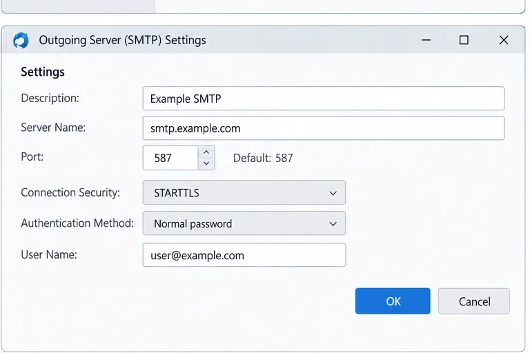 Thunderbirdの送信サーバーSMTP設定でポート587とSTARTTLSが表示されている