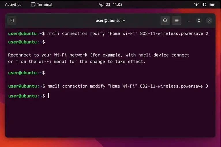 คำสั่งในเทอร์มินัลจะตั้งค่าการประหยัดพลังงานของโปรไฟล์ Wi-Fi ในบ้านที่บันทึกไว้เป็น 2 แล้วจึงคืนค่ากลับเป็น 0