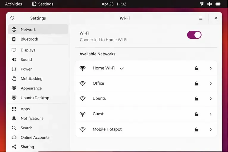 ใน Ubuntu Settings จะแสดงว่า Wi-Fi เปิดใช้งานอยู่และมีการเลือกเครือข่ายไว้แล้ว ซึ่งเป็นที่แรกที่ควรตรวจสอบหลังจากปลุกแล็ปท็อป