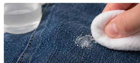 Met een witte doek dept u voorzichtig een klein plekje kauwgomresten op een blauwe spijkerbroek nadat de harde kauwgom is verwijderd.