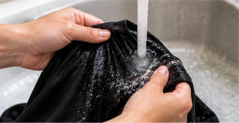 De handen spoelen de oksels van een zwart T-shirt af onder een straal stromend water in een wasbak.