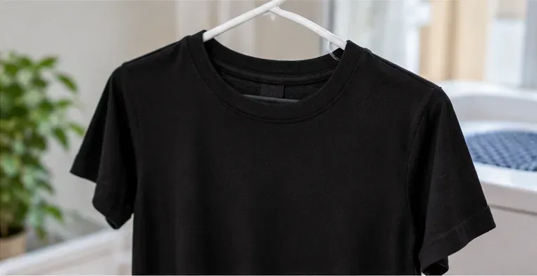 Een schoon zwart T-shirt hangt te drogen in een lichte wasruimte nadat de deodorantvlek is behandeld.