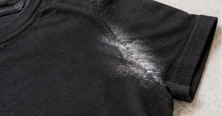 Een zwart katoenen T-shirt dat plat ligt, met een krijtwitte deodorantstreep over de okselnaad.