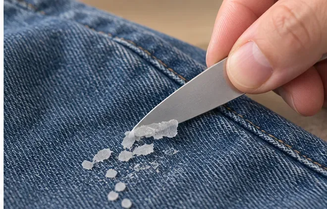 Een hand die met een stomp metalen voorwerp voorzichtig opgedroogde textiellijm van blauwe spijkerstof verwijdert zonder de stof te beschadigen.