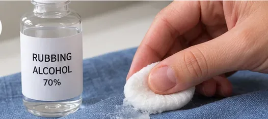 Een wattenstaafje dept lijmresten van een blauwe stof naast een fles ontsmettingsalcohol.