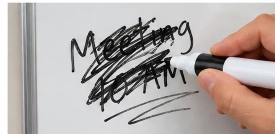 Een hand die met een zwarte whiteboardstift tekst van een permanente marker bedekt.