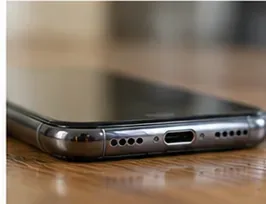 Смартфон лежит на сухом столе, его порт зарядки USB-C ничем не загорожен.