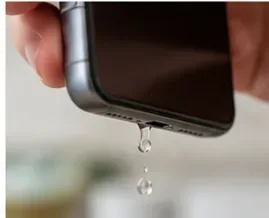 Смартфон держат зарядным портом вниз, а с него стекают капли воды.