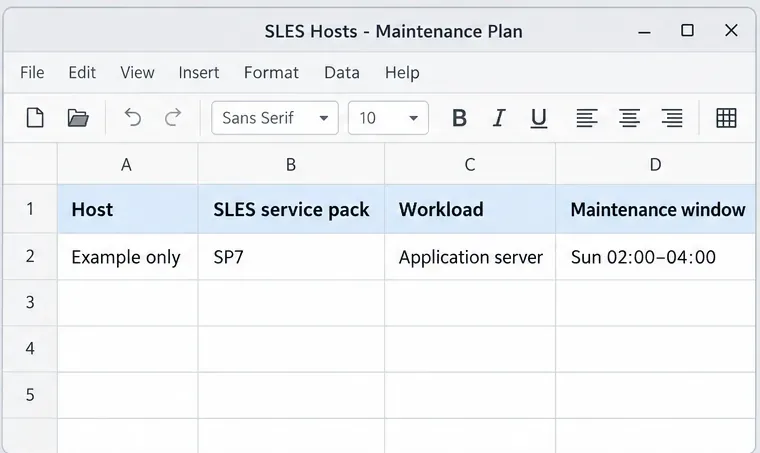 ตารางวางแผนการบำรุงรักษา SLES แบบคร่าวๆ พร้อมคอลัมน์สำหรับโฮสต์ แพ็คเกจบริการ ปริมาณงาน และช่วงเวลาการบำรุงรักษา