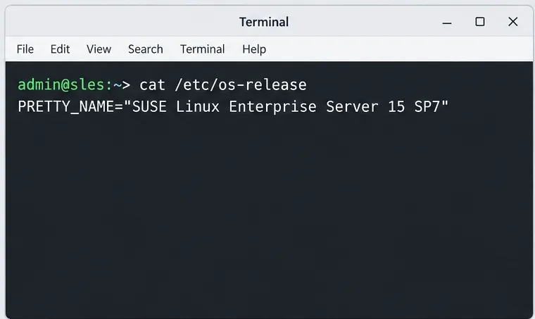 ภาพจำลองเทอร์มินัล SLES ที่แสดงคำสั่ง cat /etc/os-release และฟิลด์ PRETTY_NAME สำหรับ SUSE Linux Enterprise Server 15 SP7