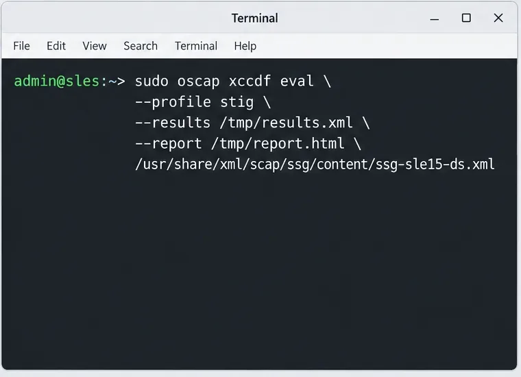 ภาพจำลองเทอร์มินัล SLES ที่แสดงคำสั่ง OpenSCAP xccdf eval พร้อมด้วยโปรไฟล์ STIG และเส้นทางรายงาน XML และ HTML