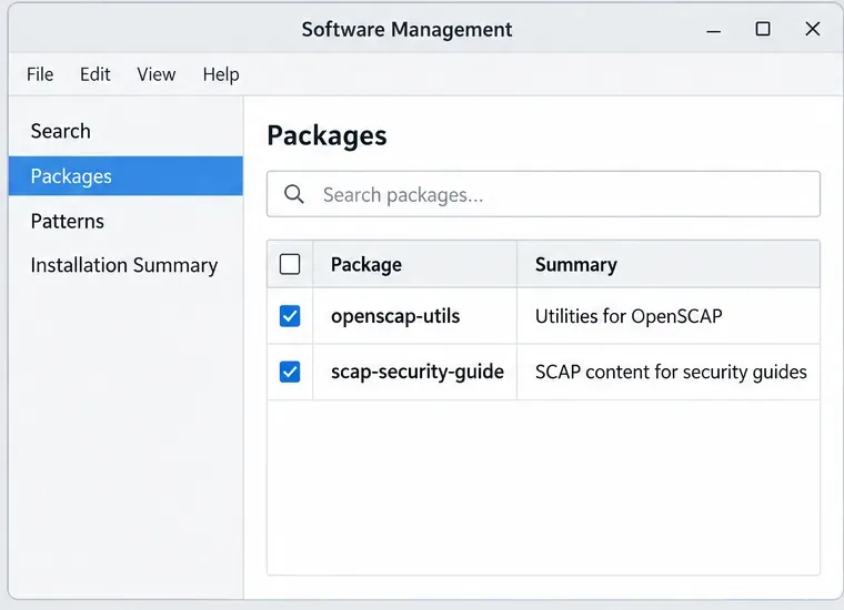 หน้าต่างการจัดการซอฟต์แวร์ SLES ในเชิงแนวคิด แสดงรายการ openscap-utils และ scap-security-guide เป็นแพ็กเกจที่สามารถเลือกได้
