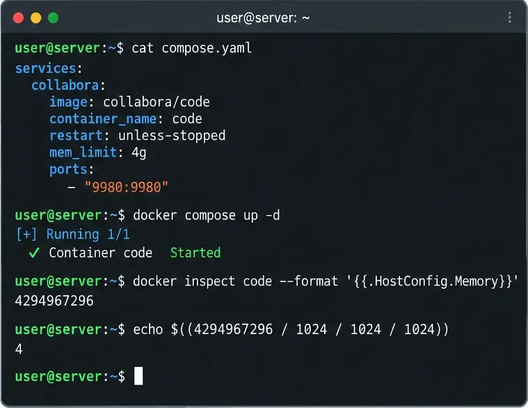 ターミナルには、mem_limit 4g、docker compose up -d、および4 GiBのDockerメモリ検証を指定したcollabora/code用のcompose.yamlサービスが表示されています。