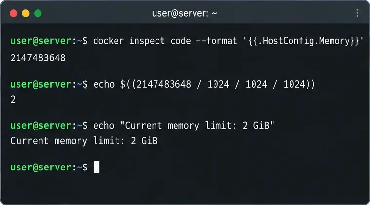 ターミナルに、docker inspect HostConfig.Memory が 2147483648 バイトを返し、それを 2 GiB に変換すると表示されます。