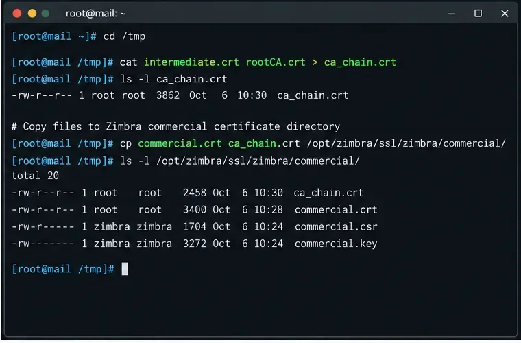 終端機範例展示了 Zimbra 系統中中間憑證和根憑證合併到 ca_chain.crt 檔案中的情況。
