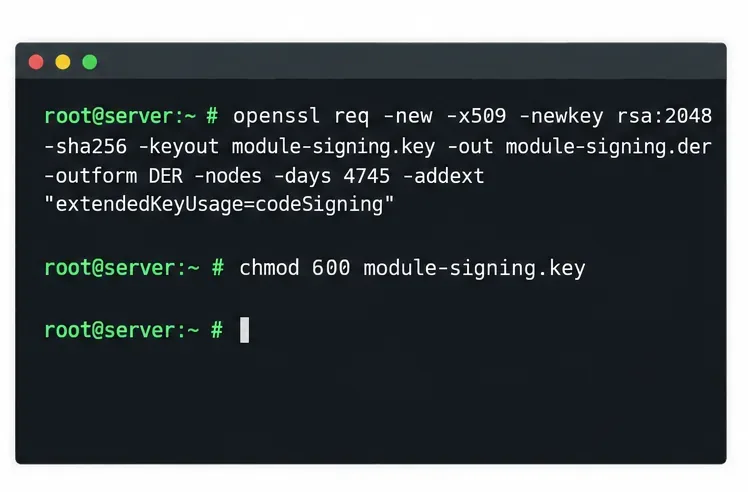 ตัวอย่างเทอร์มินัลที่แสดงคำสั่งออกใบรับรองการลงนามรหัส OpenSSL และสิทธิ์การเข้าถึงที่จำกัดสำหรับคีย์ส่วนตัว