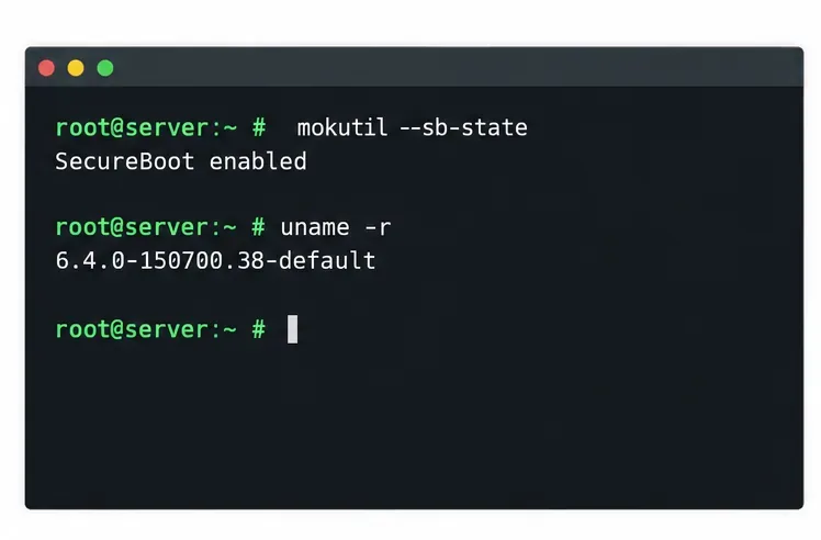 ตัวอย่างคำสั่งเทอร์มินัลสำหรับตรวจสอบ Secure Boot ด้วย mokutil และระบุเคอร์เนล SLES ที่กำลังทำงานอยู่ด้วย uname