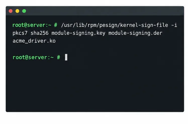 ตัวอย่างคำสั่ง kernel-sign-file ของ SUSE ที่ใช้ลงนามไฟล์ acme_driver.ko ด้วยลายเซ็น PKCS7 SHA-256