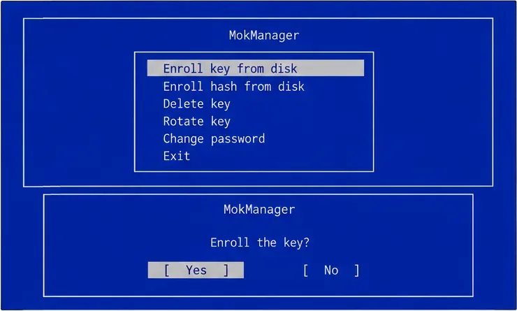 หน้าจอการลงทะเบียน MokManager โดยเลือกตัวเลือก "ลงทะเบียนคีย์จากดิสก์" และมีข้อความแจ้งให้ยืนยัน
