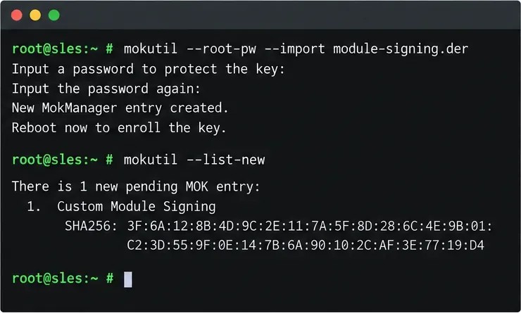 ตัวอย่างลำดับการใช้งานเทอร์มินัลในการนำเข้าใบรับรอง DER ด้วย mokutil และแสดงรายการรายการ MOK ที่รอการอนุมัติ