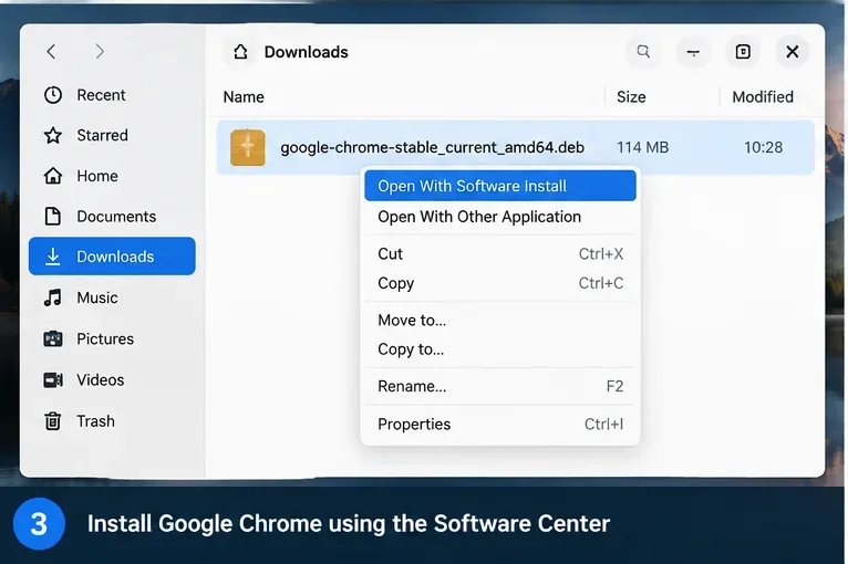 ตัวอย่างโปรแกรมจัดการไฟล์ที่แสดงการเปิดแพ็กเกจ Google Chrome .deb ด้วยโปรแกรมติดตั้งซอฟต์แวร์