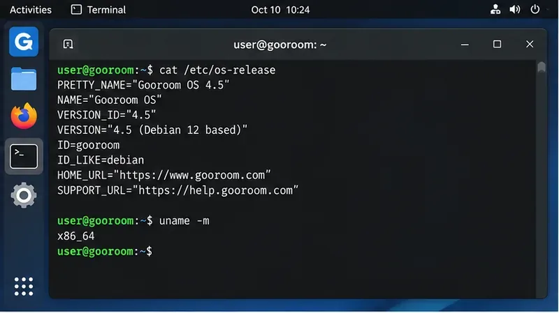 ตัวอย่างคำสั่งในเทอร์มินัลที่แสดงการใช้คำสั่ง cat /etc/os-release และ uname -m บนระบบ Gooroom