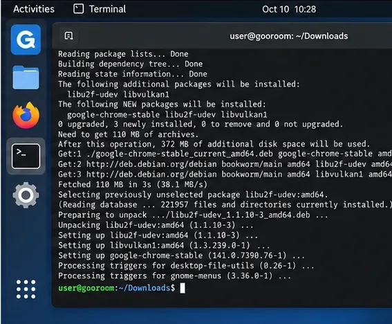 ตัวอย่างในเทอร์มินัลแสดงขั้นตอนการติดตั้งแพ็กเกจ Google Chrome เวอร์ชันเสถียรและแพ็กเกจที่เกี่ยวข้องโดยใช้ APT
