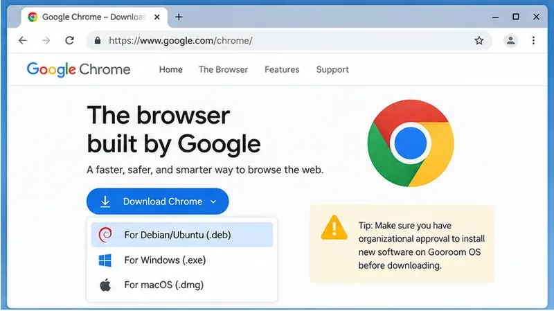 ภาพประกอบหน้าดาวน์โหลดของ Google Chrome โดยเลือกตัวเลือกไฟล์ .deb สำหรับ Debian และ Ubuntu