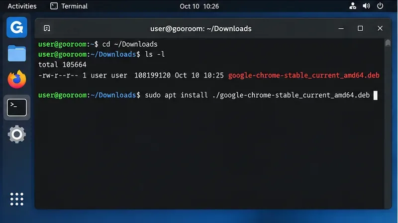 ตัวอย่างคำสั่งในเทอร์มินัลที่แสดงแพ็กเกจ Google Chrome amd64 .deb ที่ดาวน์โหลดมาอยู่ในโฟลเดอร์ดาวน์โหลด
