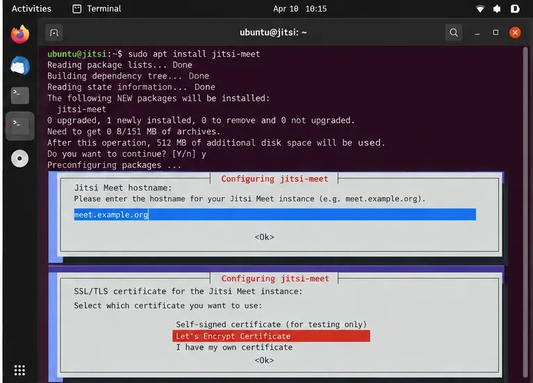 Jitsi Meet 호스트 이름 및 Let's Encrypt 인증서 옵션에 대한 Ubuntu 패키지 구성 대화 상자입니다.