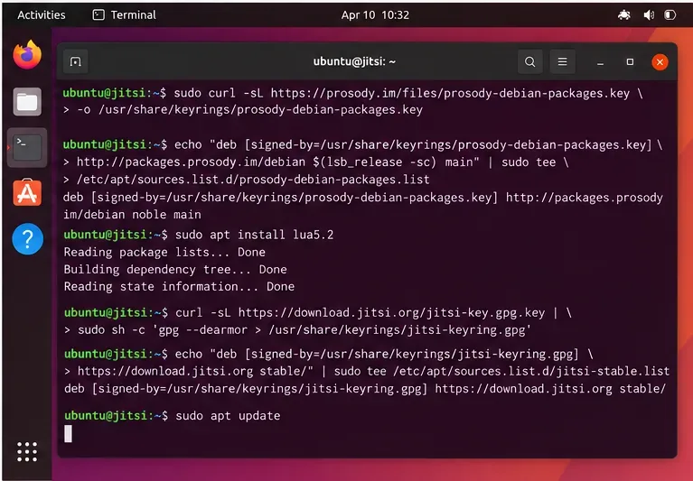 Prosody 및 Jitsi 저장소 키와 소스 목록 명령어가 문서화된 Ubuntu 터미널 화면을 보여줍니다.