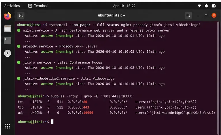 활성화된 Nginx, Prosody, Jicofo 및 Jitsi Videobridge 서비스와 수신 대기 중인 웹 및 미디어 포트를 보여주는 Ubuntu 터미널입니다.