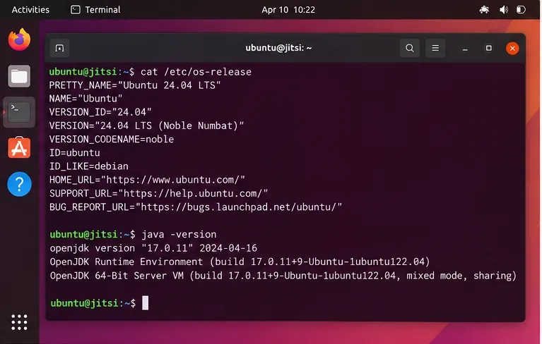 Jitsi Meet 설치 전 운영 체제 릴리스 및 OpenJDK 17 버전 확인 화면을 보여주는 Ubuntu 24.04 터미널 화면입니다.