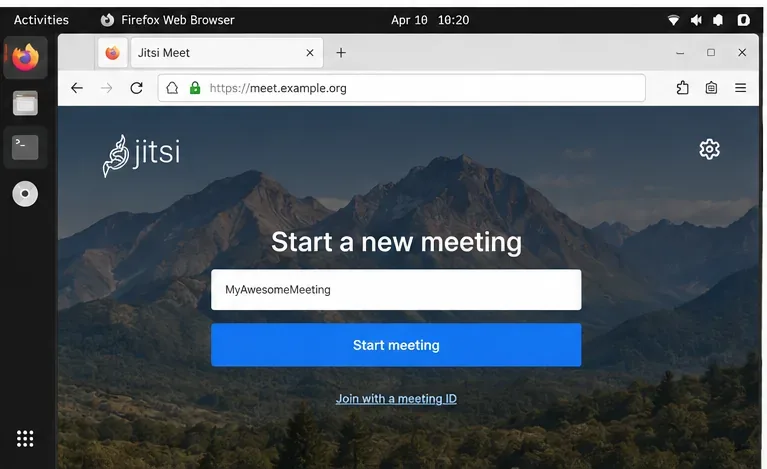 Firefox에서 Jitsi Meet 랜딩 페이지(https://meet.example.org)가 안전한 연결 표시기와 함께 표시됩니다.
