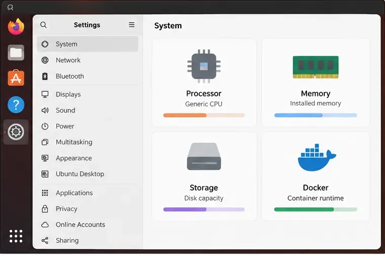 Una ventana de configuración del sistema Linux que muestra las secciones de procesador, memoria, almacenamiento y entorno de ejecución de Docker.