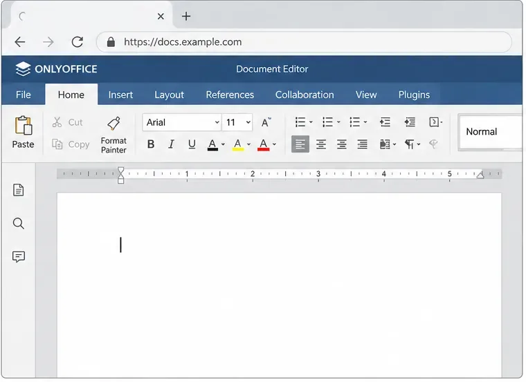 Un documento de texto en blanco abierto en el editor en línea de ONLYOFFICE con su barra de herramientas de edición de documentos visible.