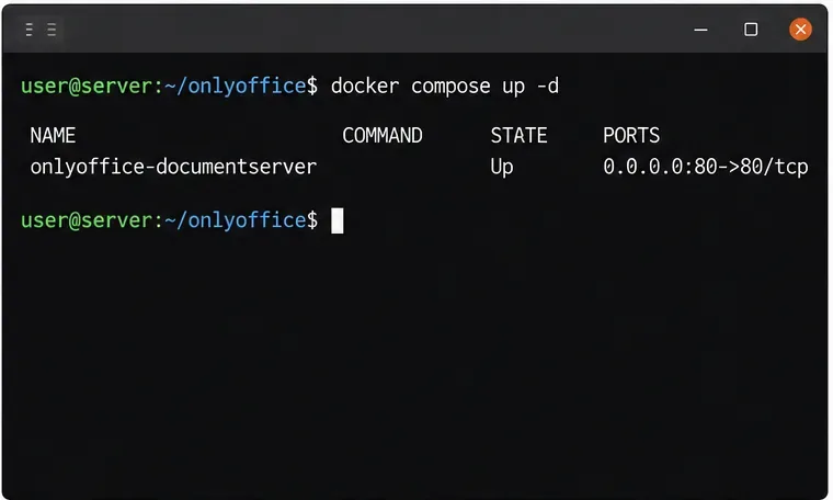 Una terminal Linux que muestra el comando Docker Compose up y un servicio Document Server en estado de ejecución.