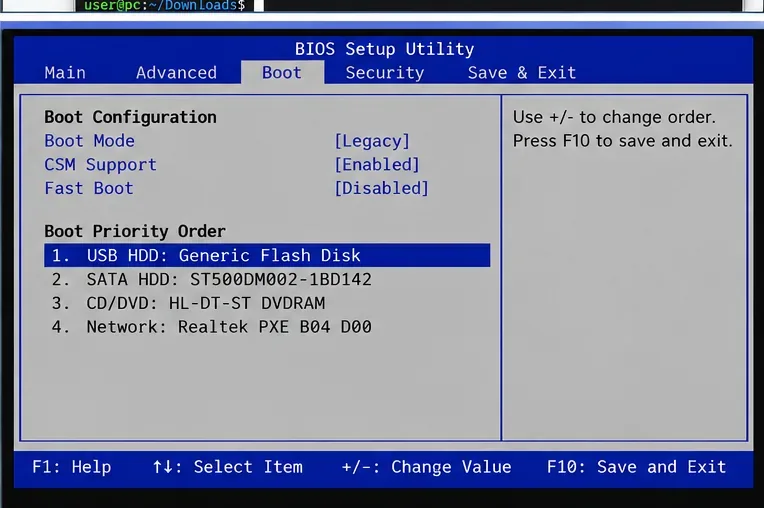 Impostazioni di avvio del BIOS Legacy che mostrano la modalità Legacy abilitata e un'unità flash USB come prima opzione di avvio.
