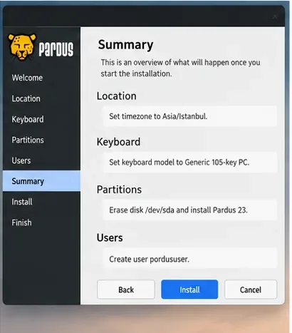 Pagina di riepilogo del programma di installazione di Pardus che verifica la posizione, la tastiera, le partizioni e le impostazioni utente prima dell'installazione.