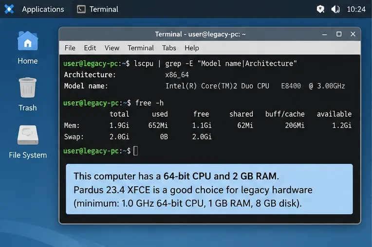 Terminale desktop Pardus XFCE con processore Core 2 Duo a 64 bit e 2 GB di memoria.