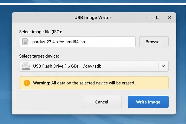 Finestra di scrittura immagine USB con l'immagine ISO Pardus 23.4 XFCE amd64 selezionata e un avviso che la chiavetta USB verrà cancellata.