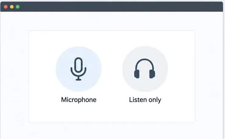 شاشة ما قبل الانضمام في BigBlueButton مع خيارات الصوت للميكروفون والاستماع فقط