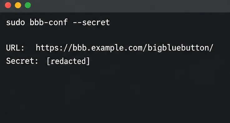طرفية خادم BigBlueButton تعرض الأمر bbb-conf --secret وكلمة مرور مشتركة محجوبة