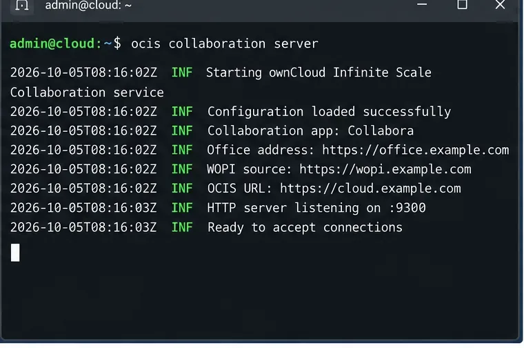 Collabora、オフィス住所、WOPIソース、HTTPリスナー情報から始まるInfinite Scaleコラボレーションサービスのターミナルビュー