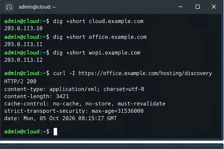 ターミナルでownCloudとCollaboraのホスト名のDNSをチェックし、Collaboraホスティング検出エンドポイントを要求します。